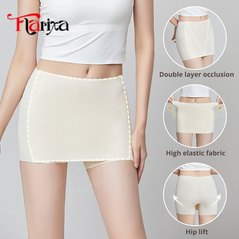 Flarixa Ice Silk Safety Shorts Double Layer Invisible Under Skirt Panties Seamless Boyshorts Women Underwear Anti Friction Pants